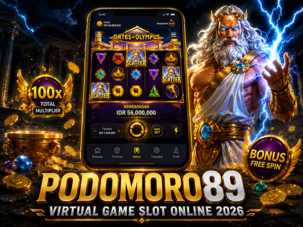 Antarmuka UI premium dari sistem simulasi slot PODOMORO89